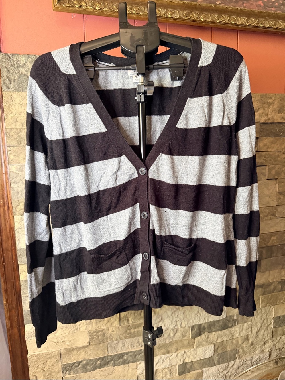 WORTHINGTON Black Gray Horizontal Striped Button Front Cardigan Sweater Size XL
